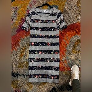 LuLaRoe Floral Striped Midi Dress - Gray and Navy